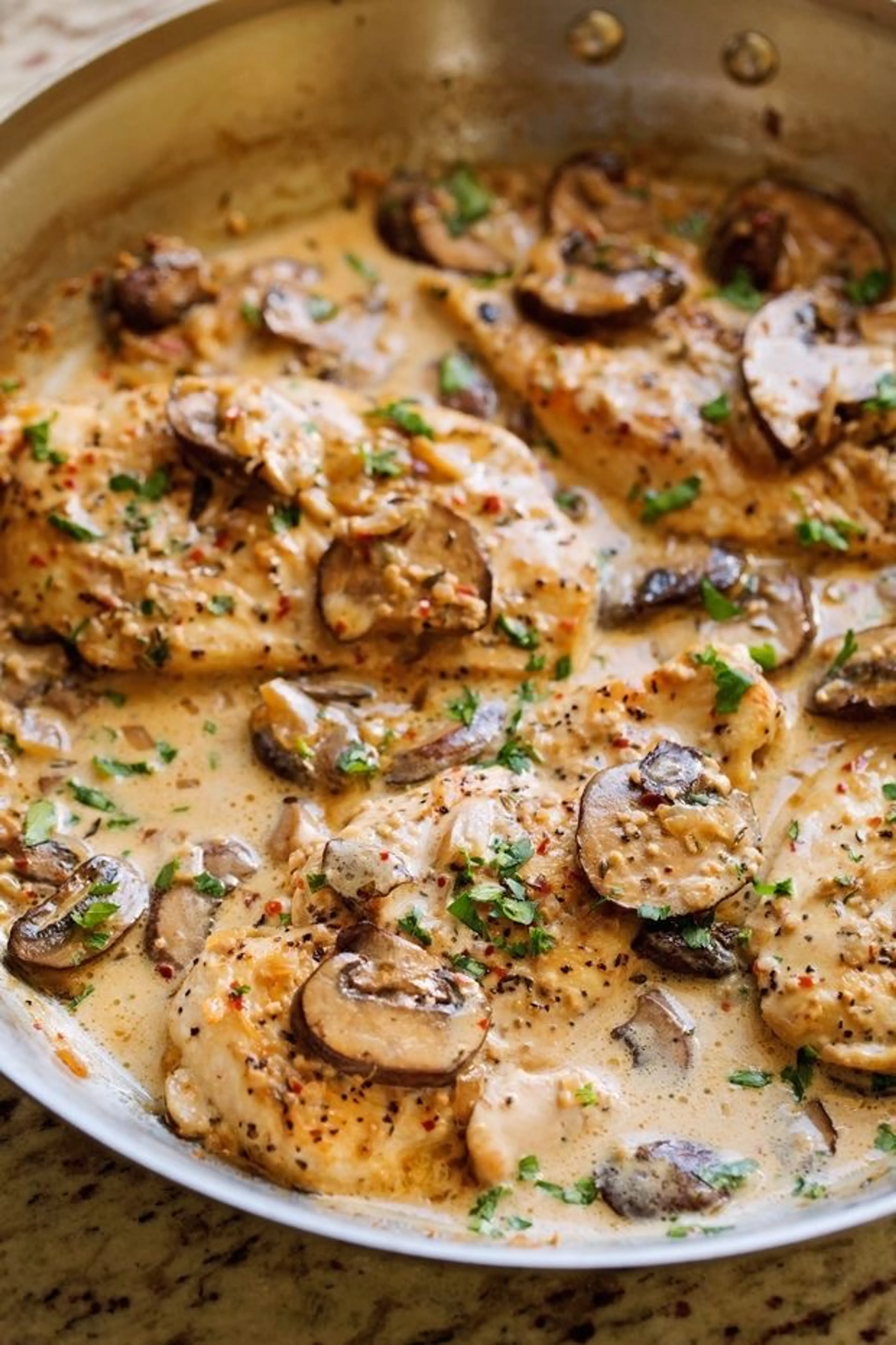 One Skillet Chicken with Garlicky Mushroom Cream Sauce