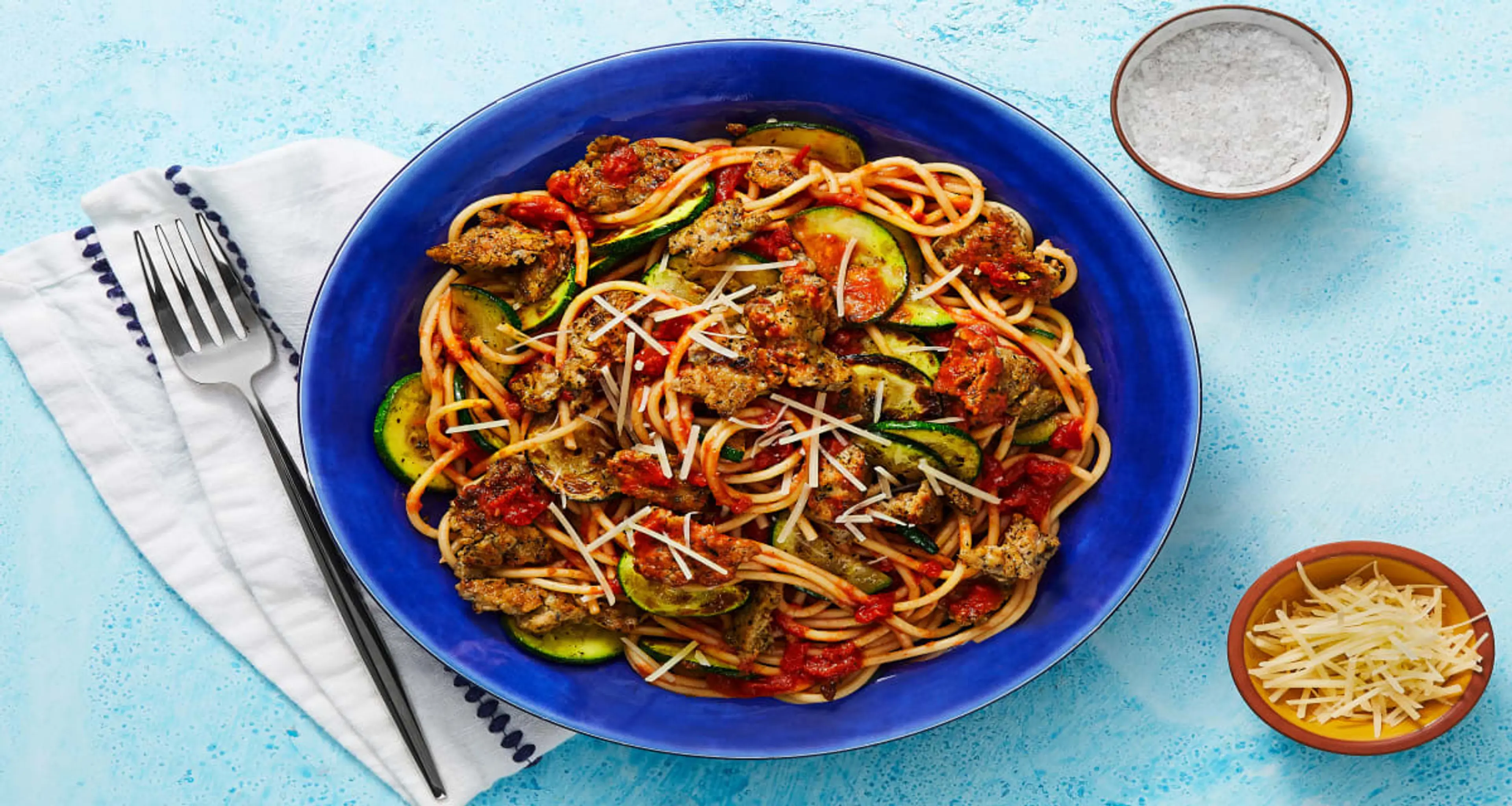 Chicken Sausage Spaghetti Bolognese with Zucchini & Parmesan