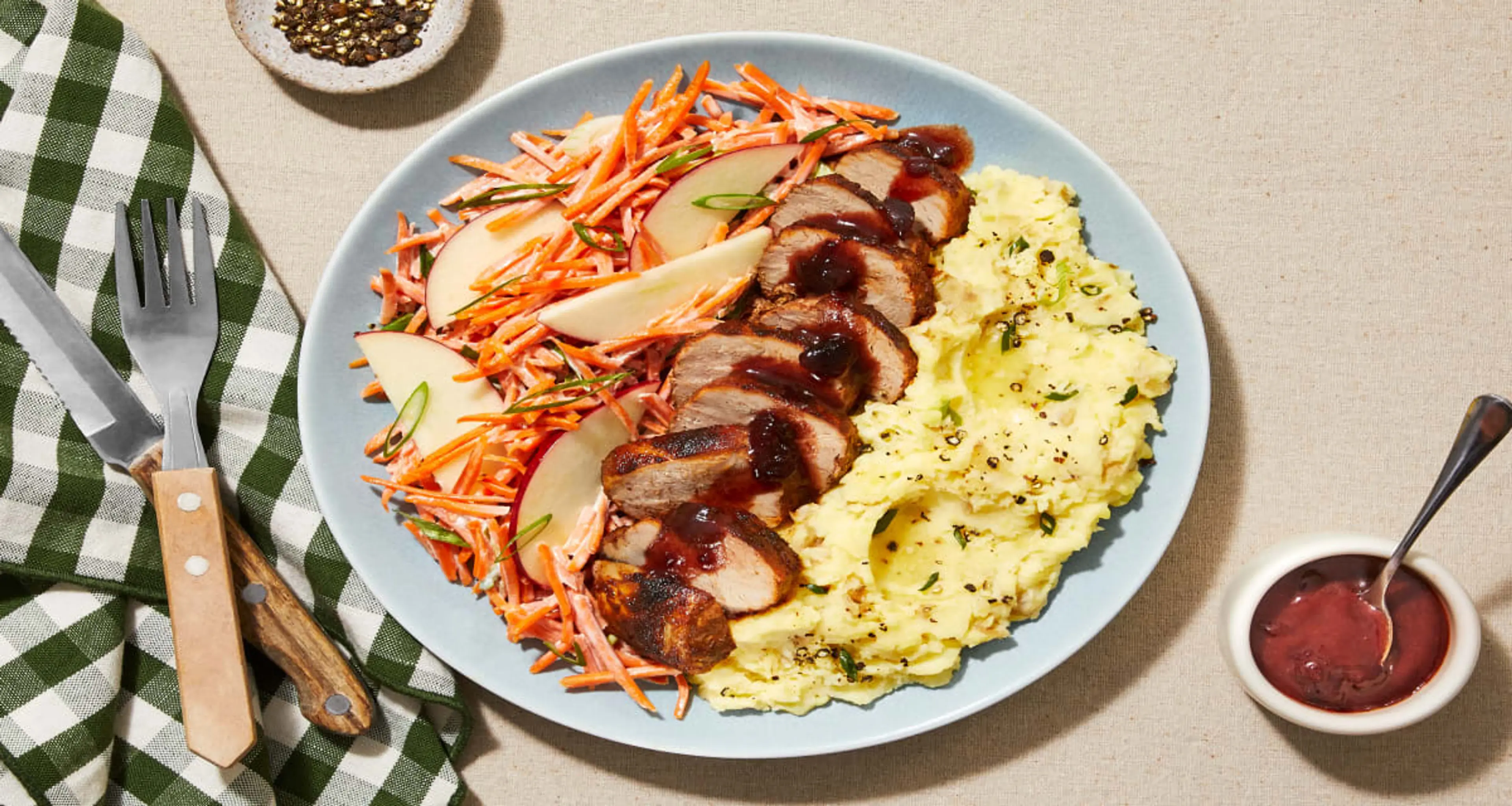 Sweet 'N' Smoky Pork Tenderloin with Apple Carrot Slaw, Mash