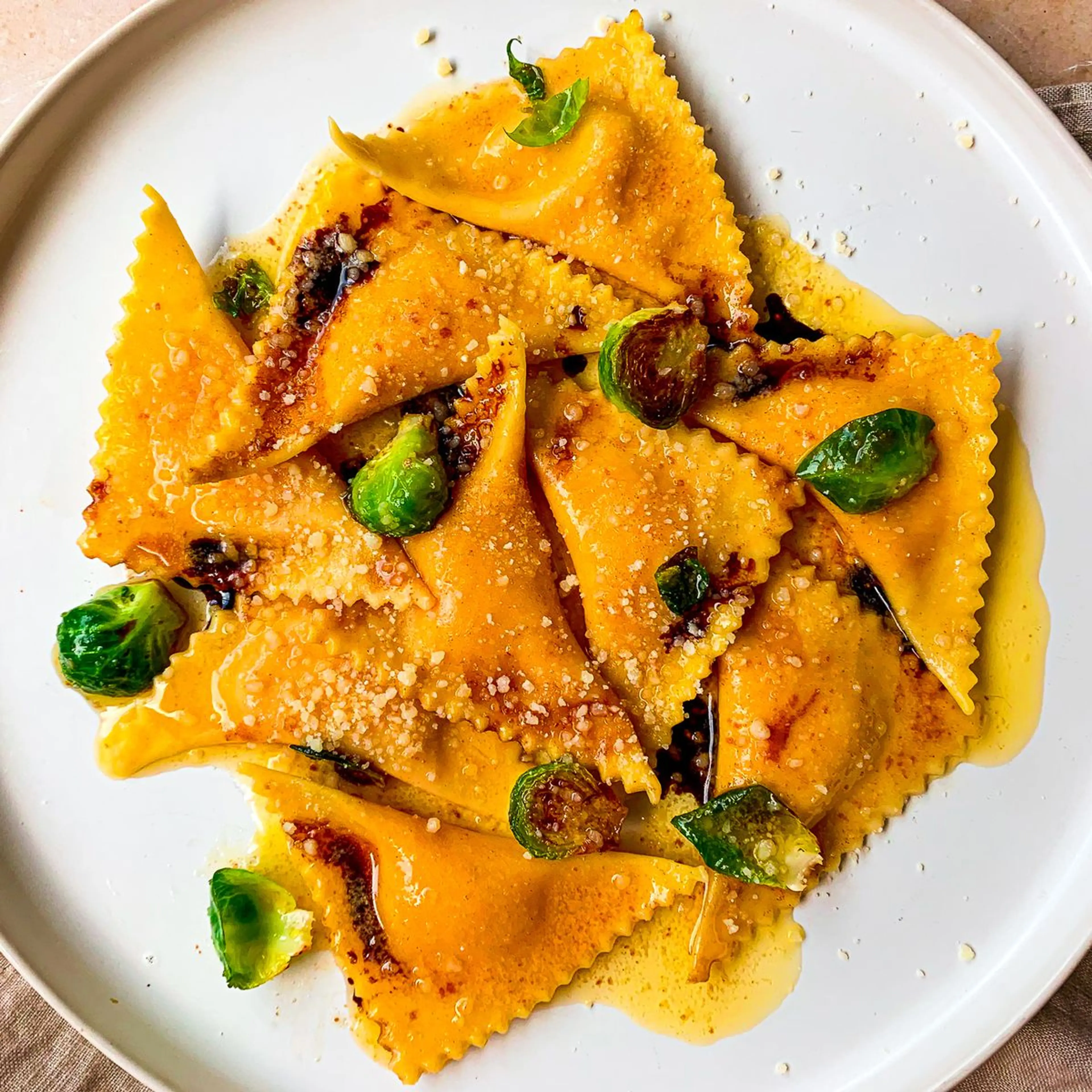Squash & Brown Butter Tortelli With Brussels Sprouts & Balsa
