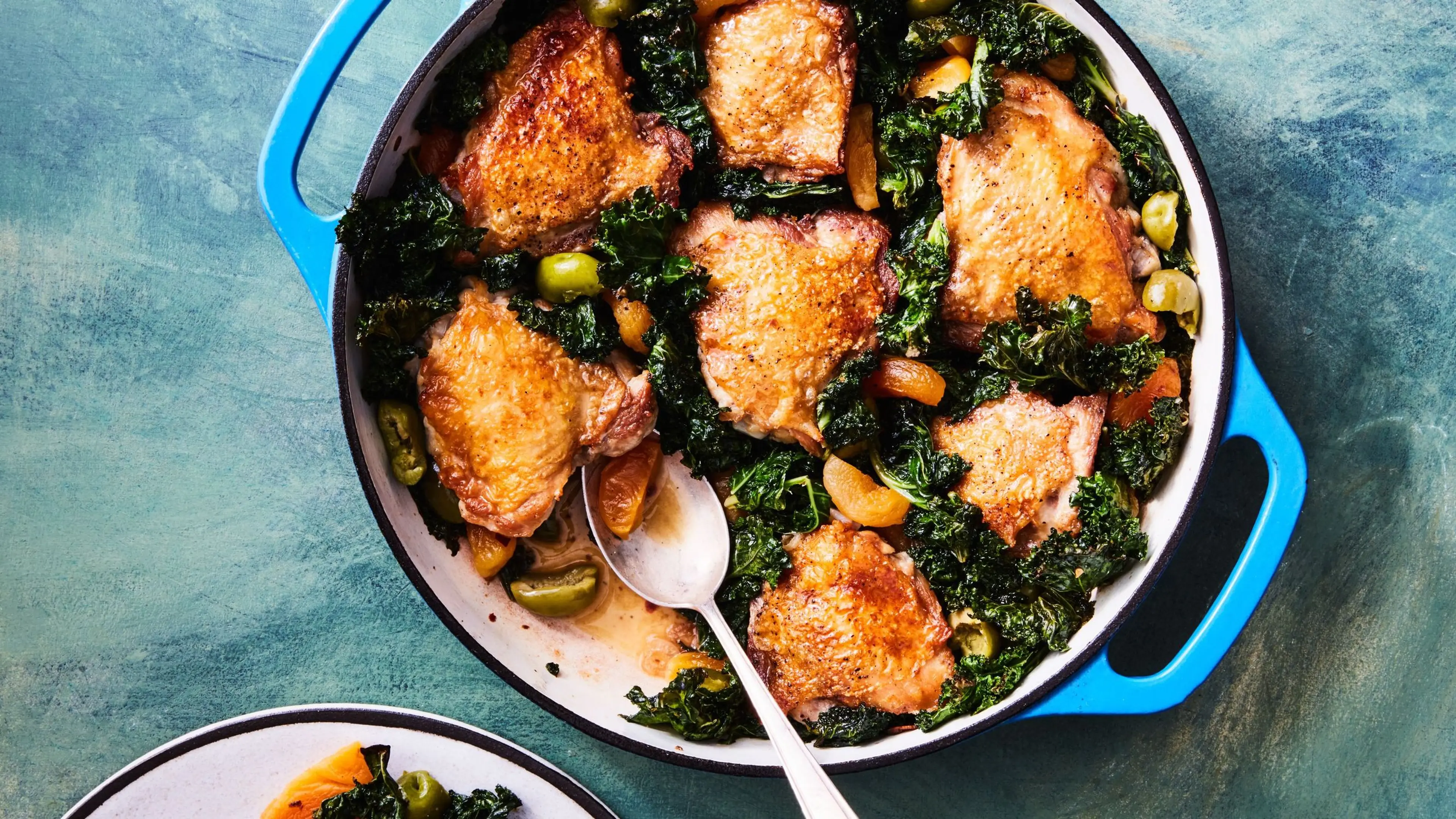 Crispy Chicken Thighs with Kale, Apricots, and Olives