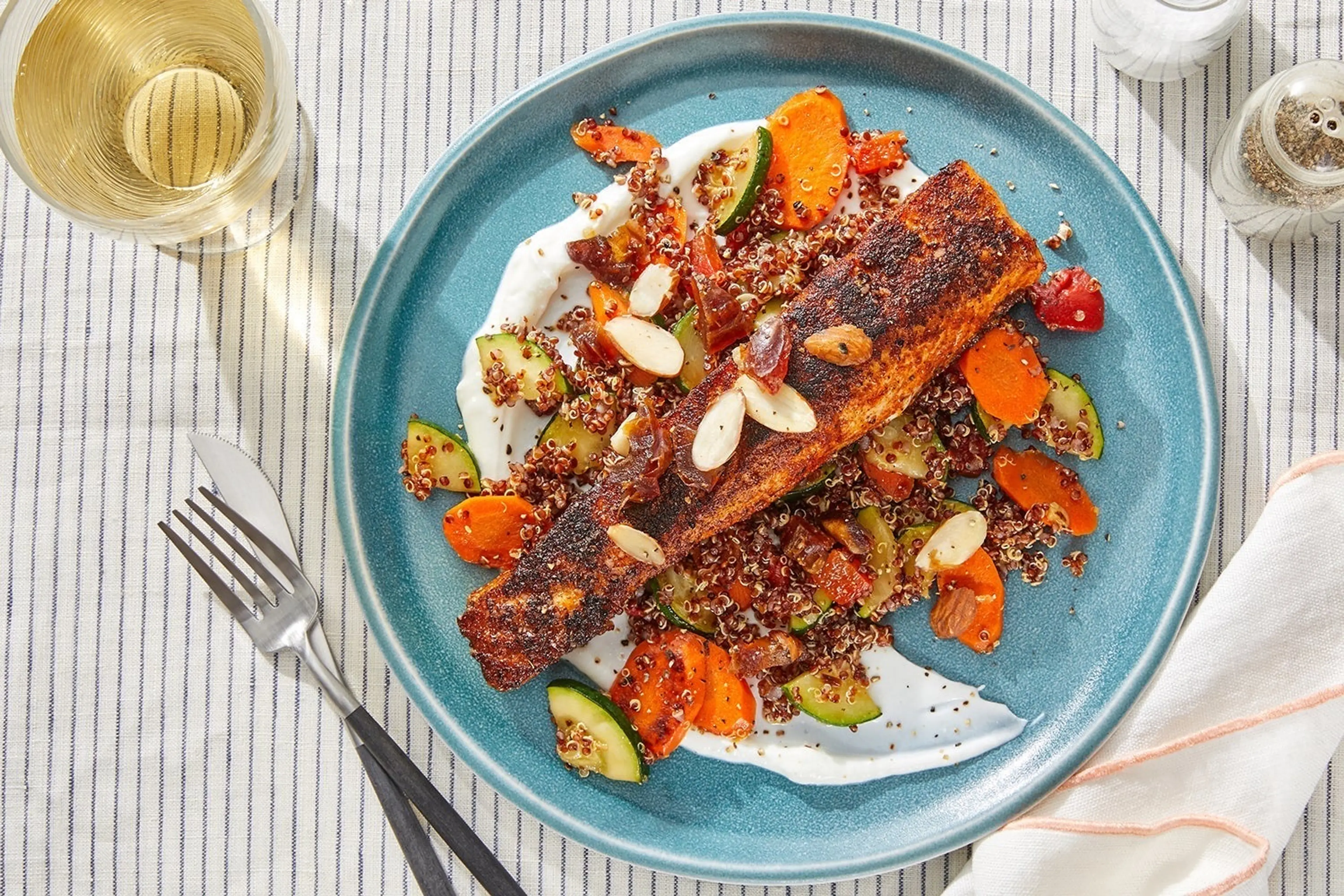 Spanish-Spiced Salmon & Vegetable Quinoa with Almond-Date To