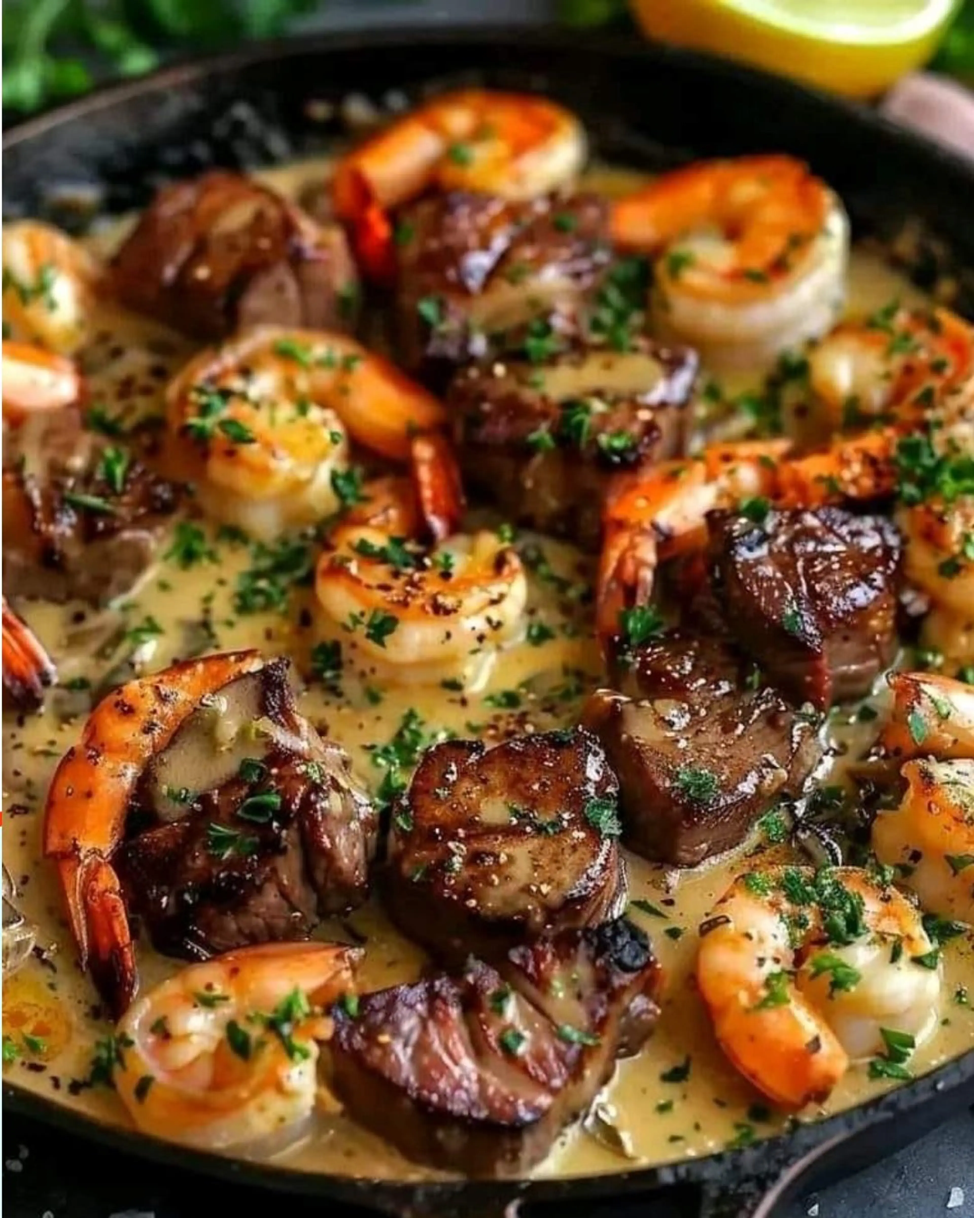 Steak and Seafood Skillet with Garlic Parmesan Cream Sauce