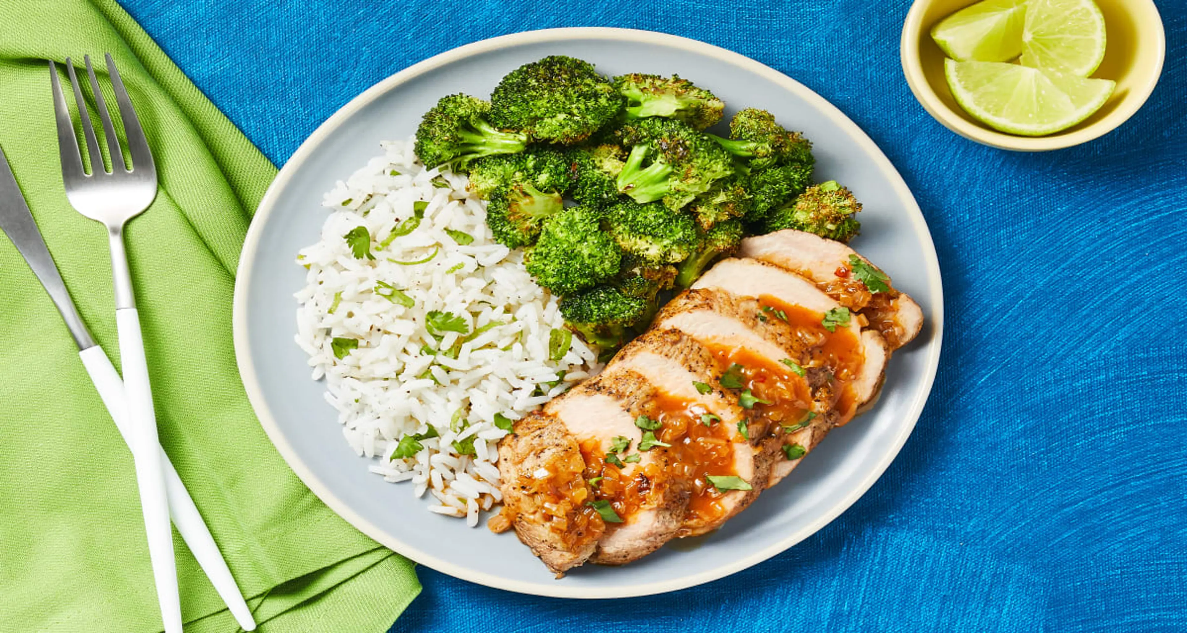 Sweet Thai Chili Pork Tenderloin with Zesty Rice & Roasted B