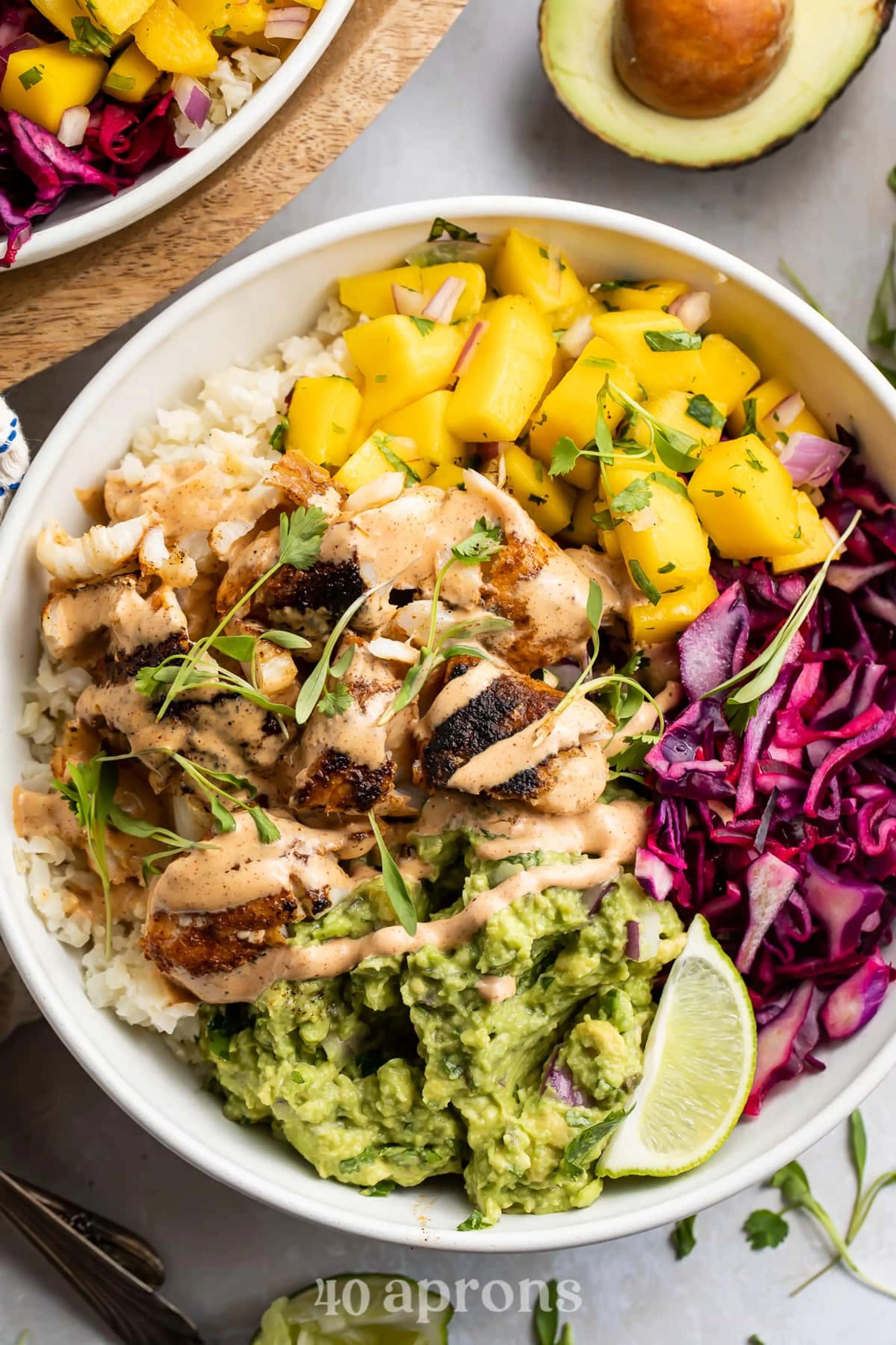 Whole30 Fish Taco Bowl with Mango Salsa and Chipotle Aioli (