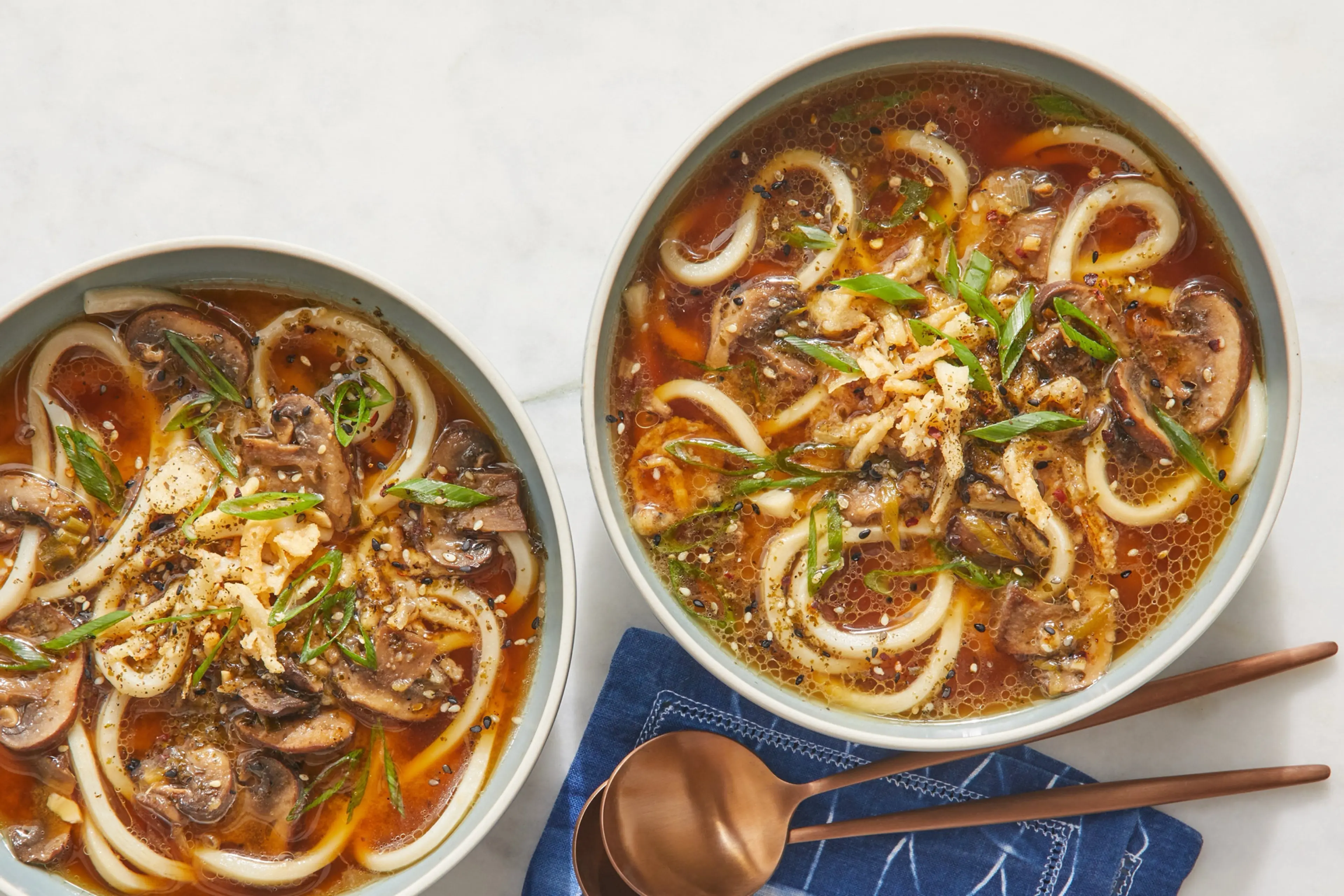 Miso Udon Noodle Soup with Mushrooms & Crispy Onions