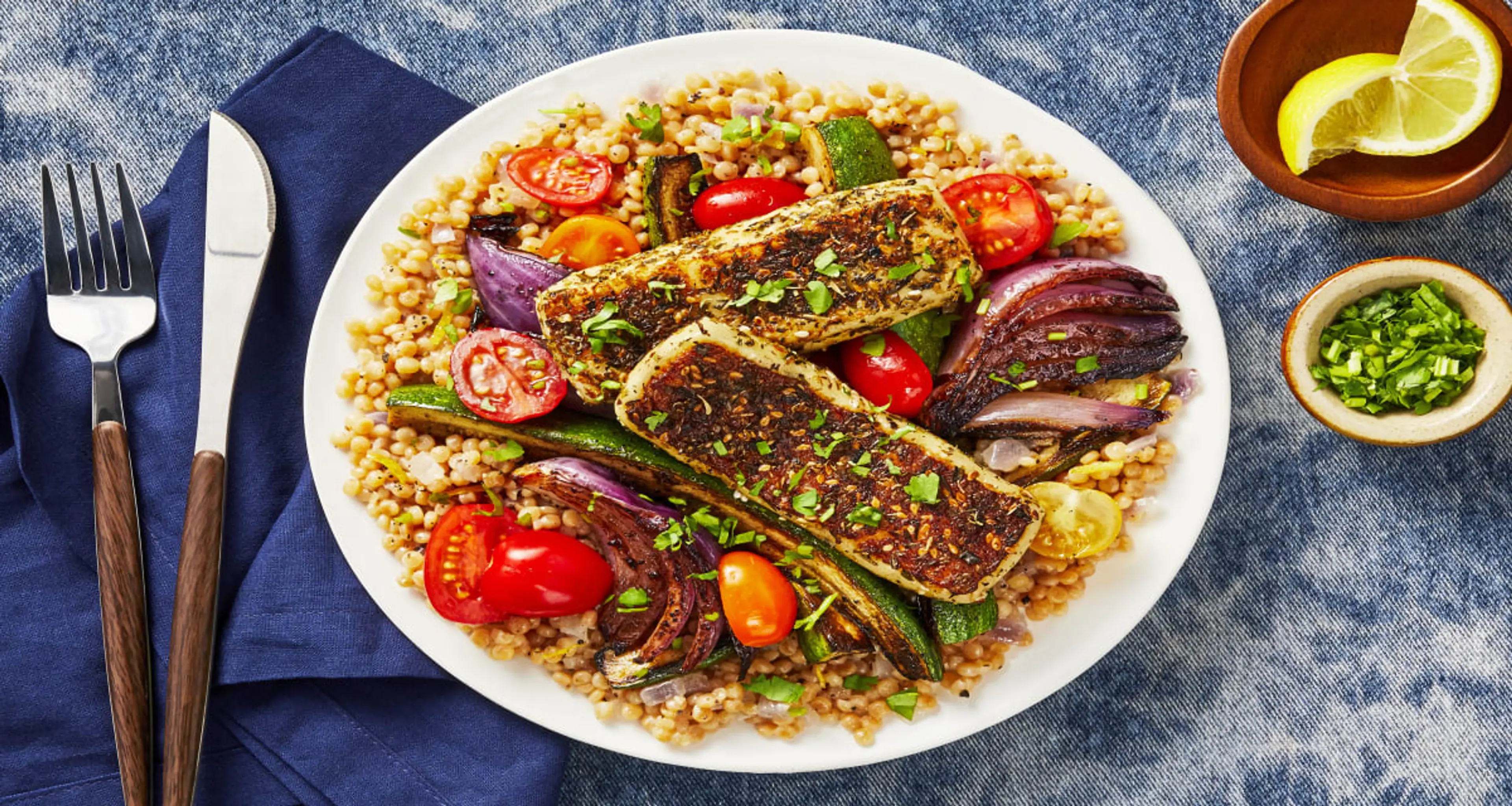 Za’atar-Crusted Grilling Cheese with Sumac Roasted Veggies o