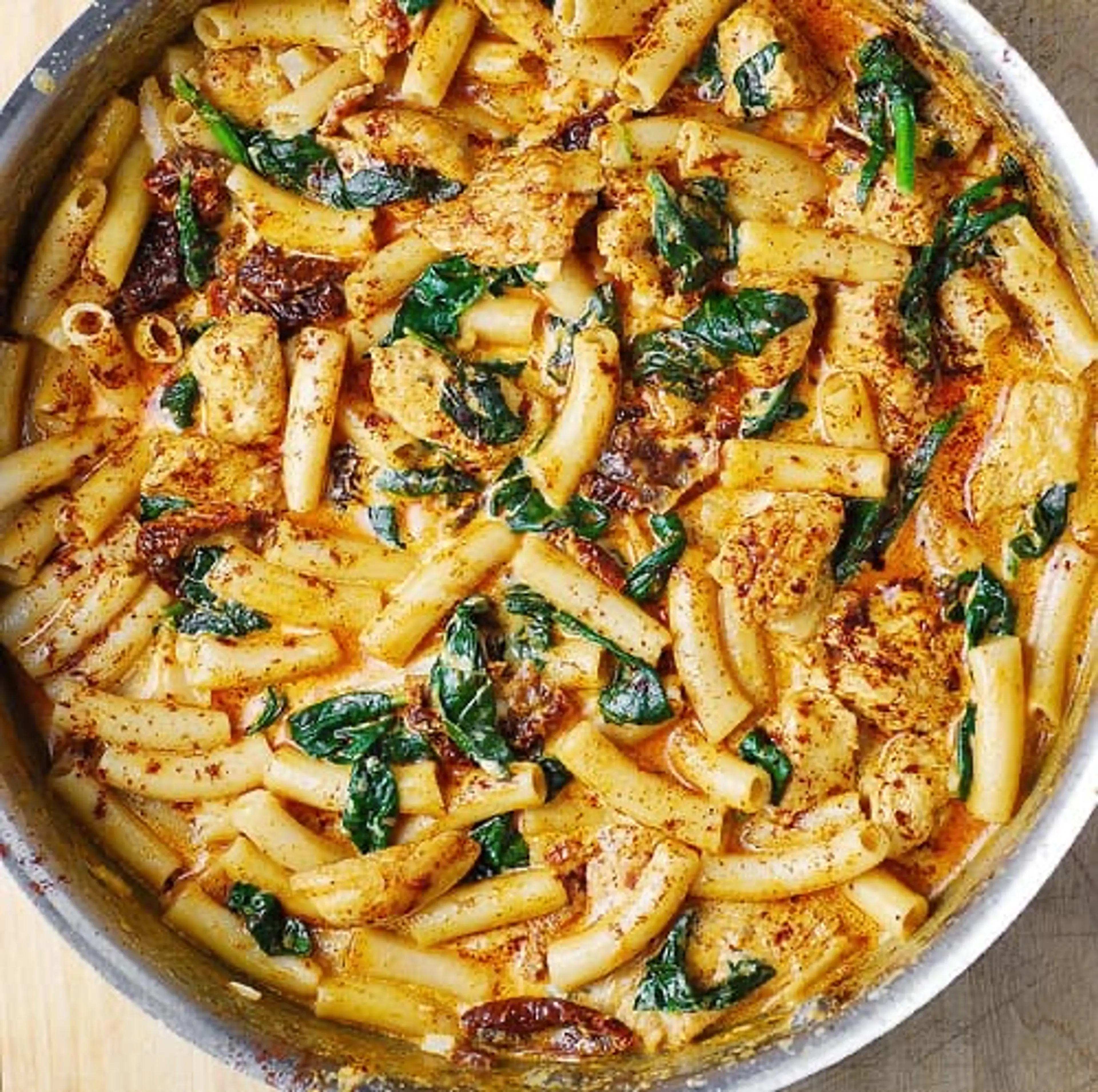 Asiago Chicken Pasta with Sun-Dried Tomatoes and Spinach