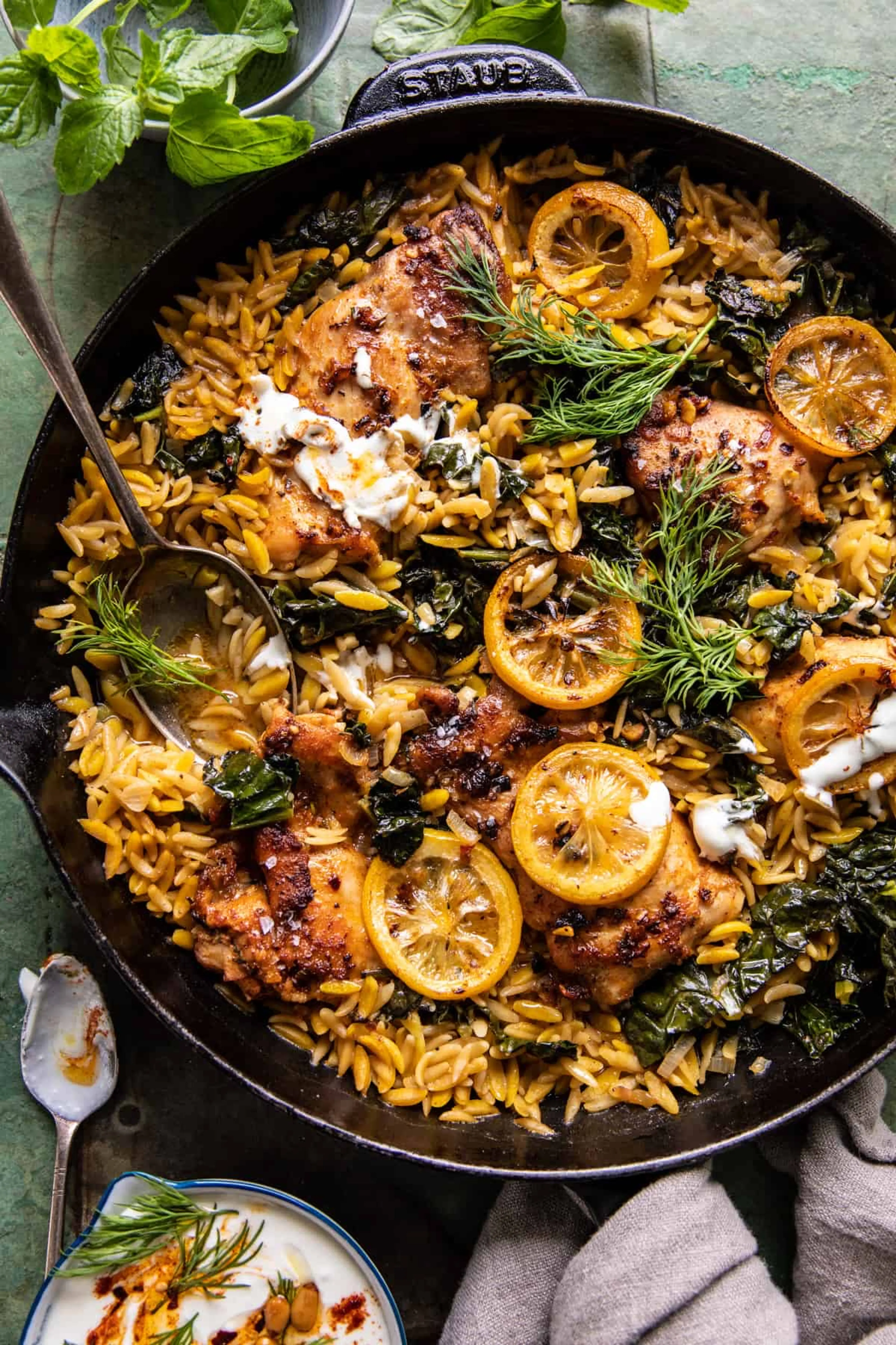 One Skillet Lemon Butter Dijon Chicken and Orzo with Feta Sa