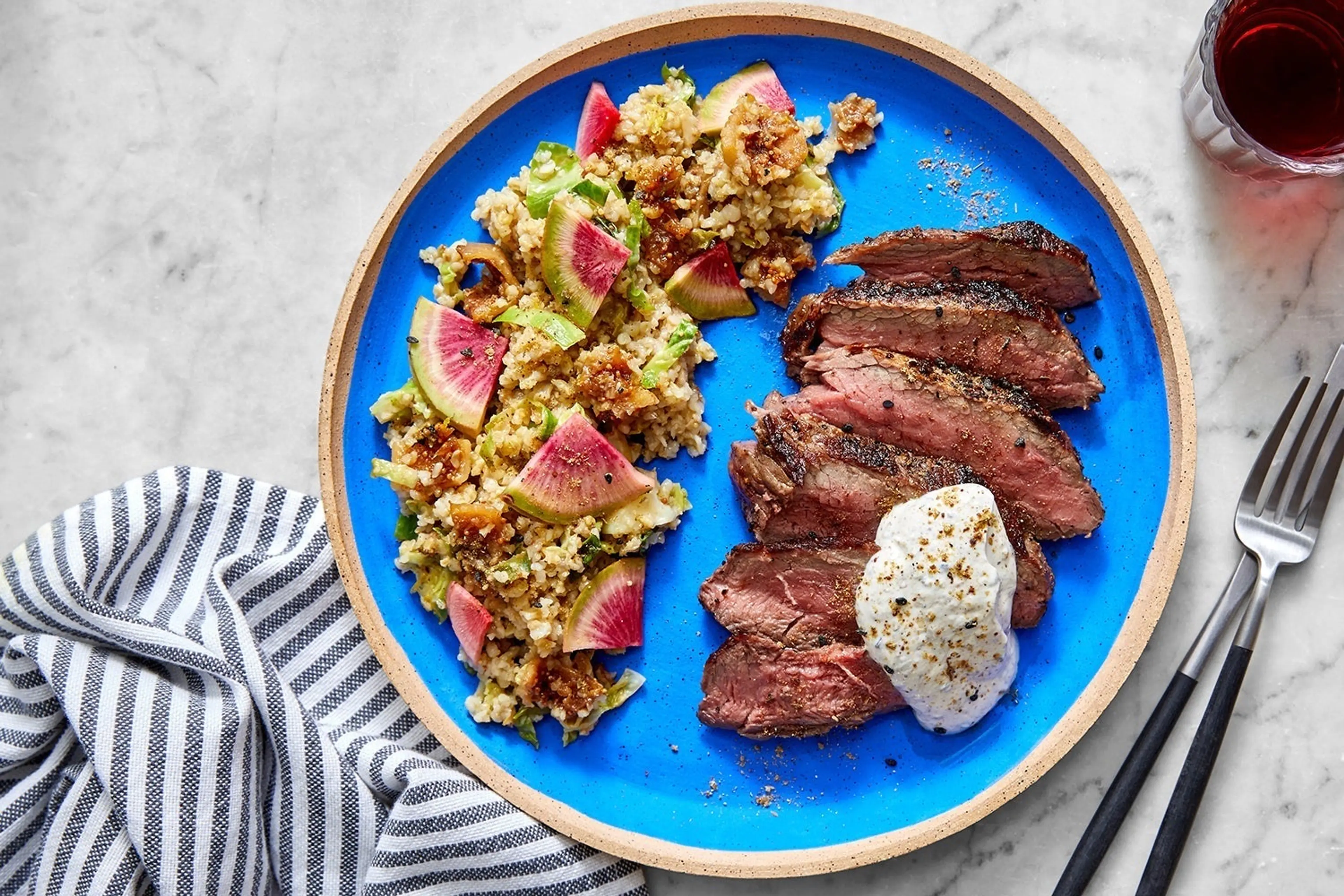 Dukkah-Spiced Steaks & Freekeh with Brussels Sprouts, Figs &