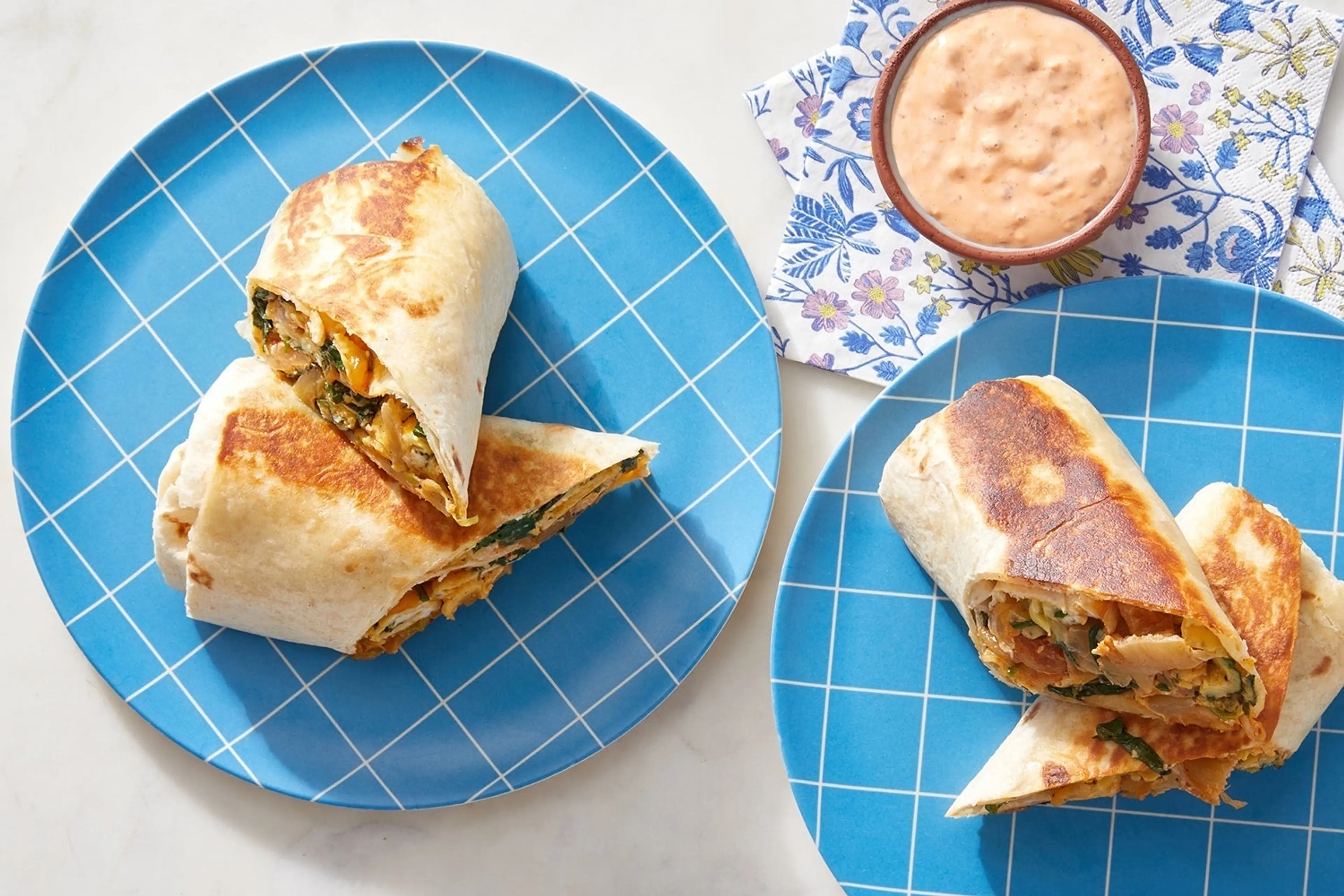 Cheesy Kimchi Breakfast Burritos with Spinach & Spicy Mayo